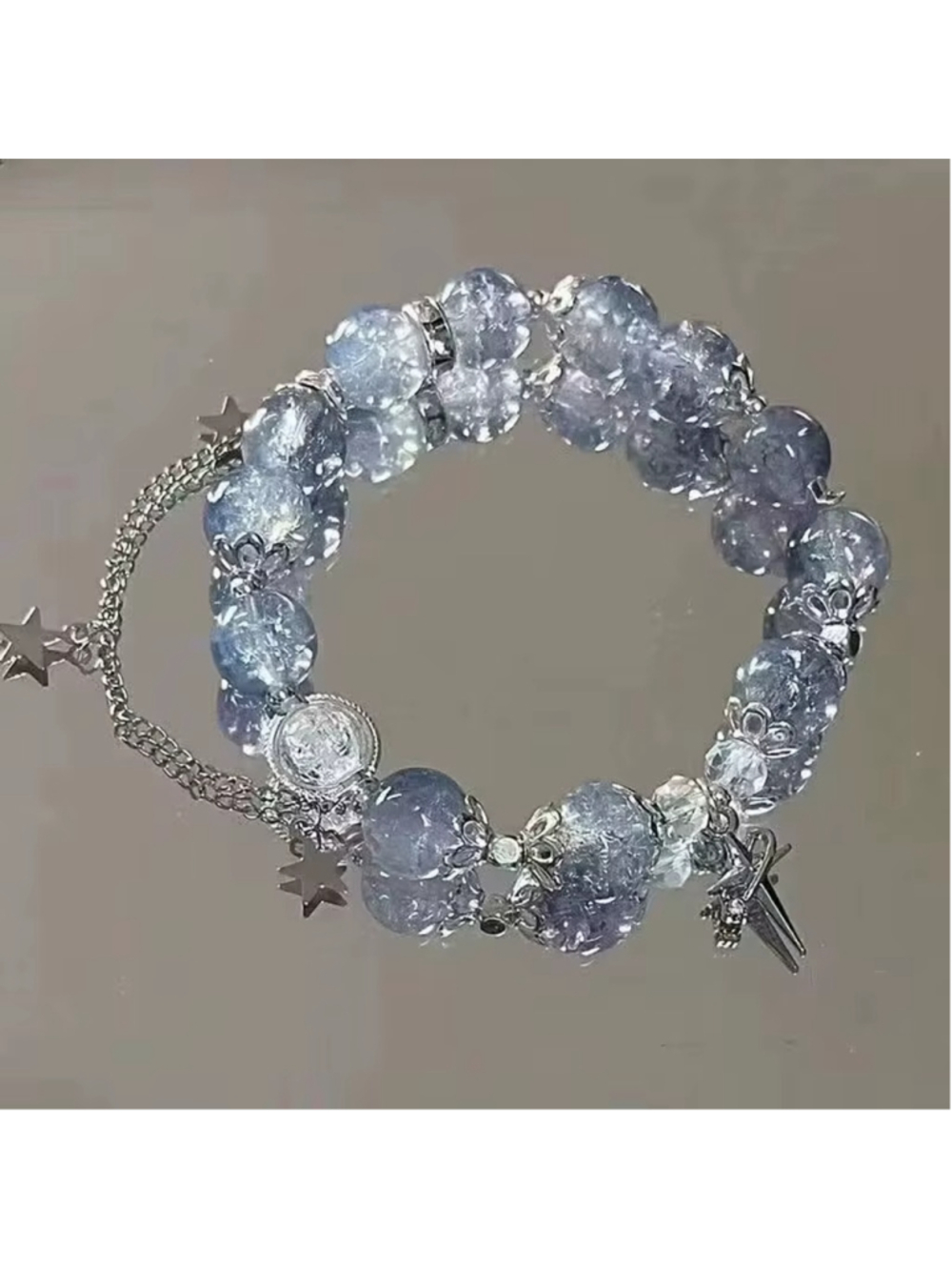 Clear and Blue Crackle Bead Stretchy Bracelet W/ Celestial Charms NWT